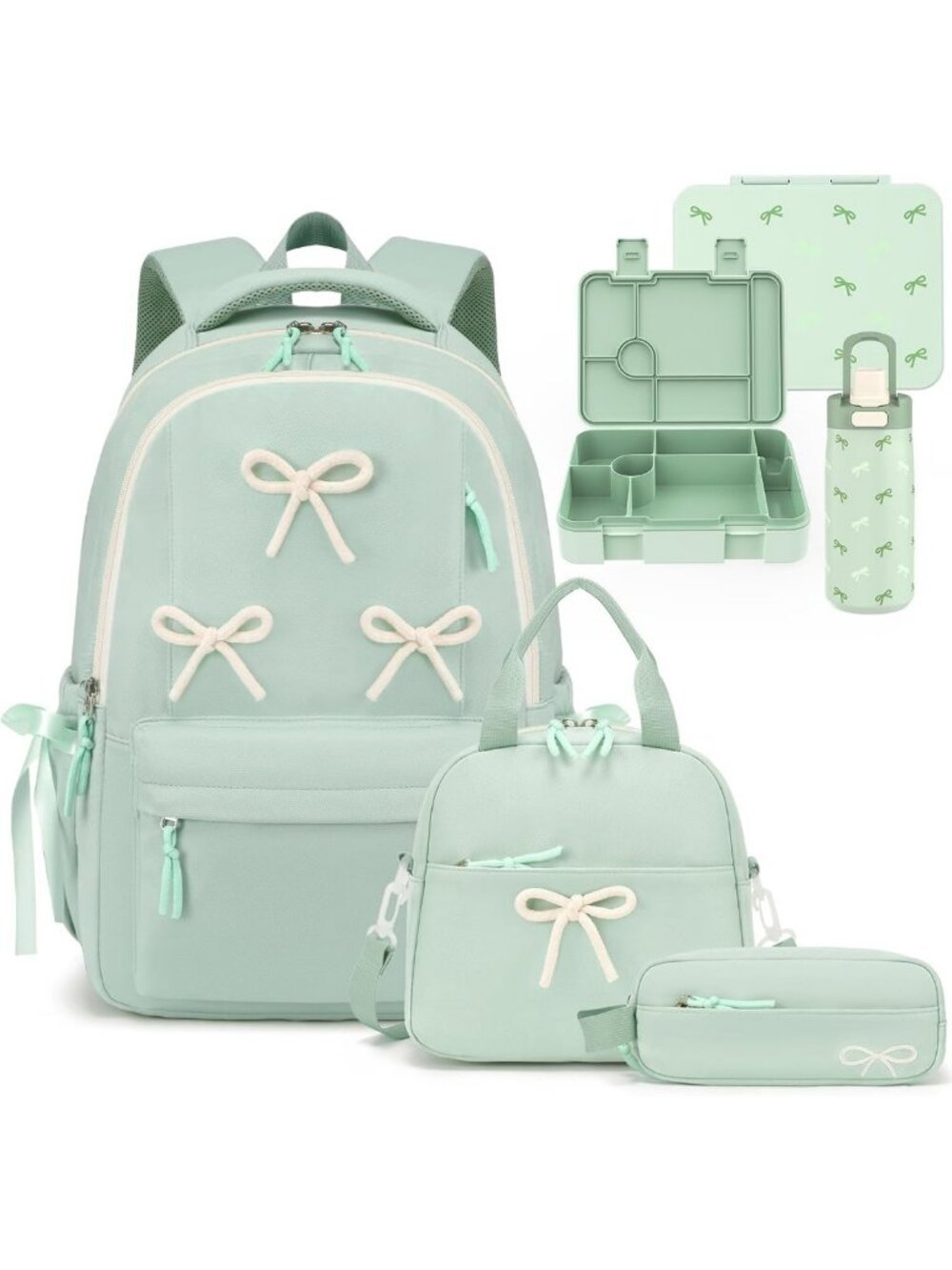 5PCS Girls' Bow Backpack Set with Bento Box & Water Bottle - Cute & Functional!